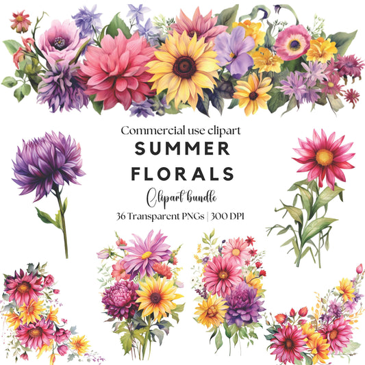 Clipart floral de verano en acuarela