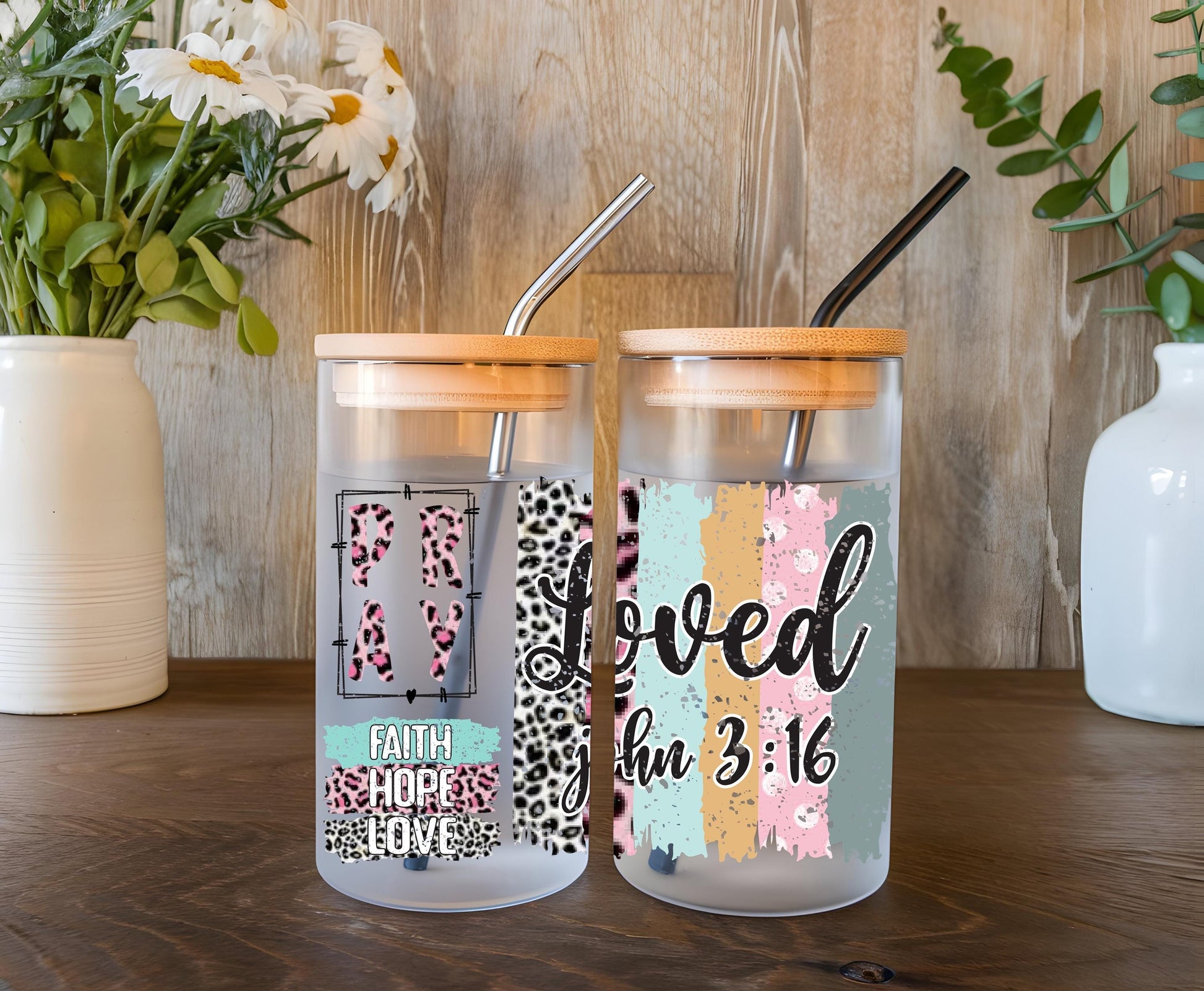 a couple of mason jars sitting on top of a wooden table