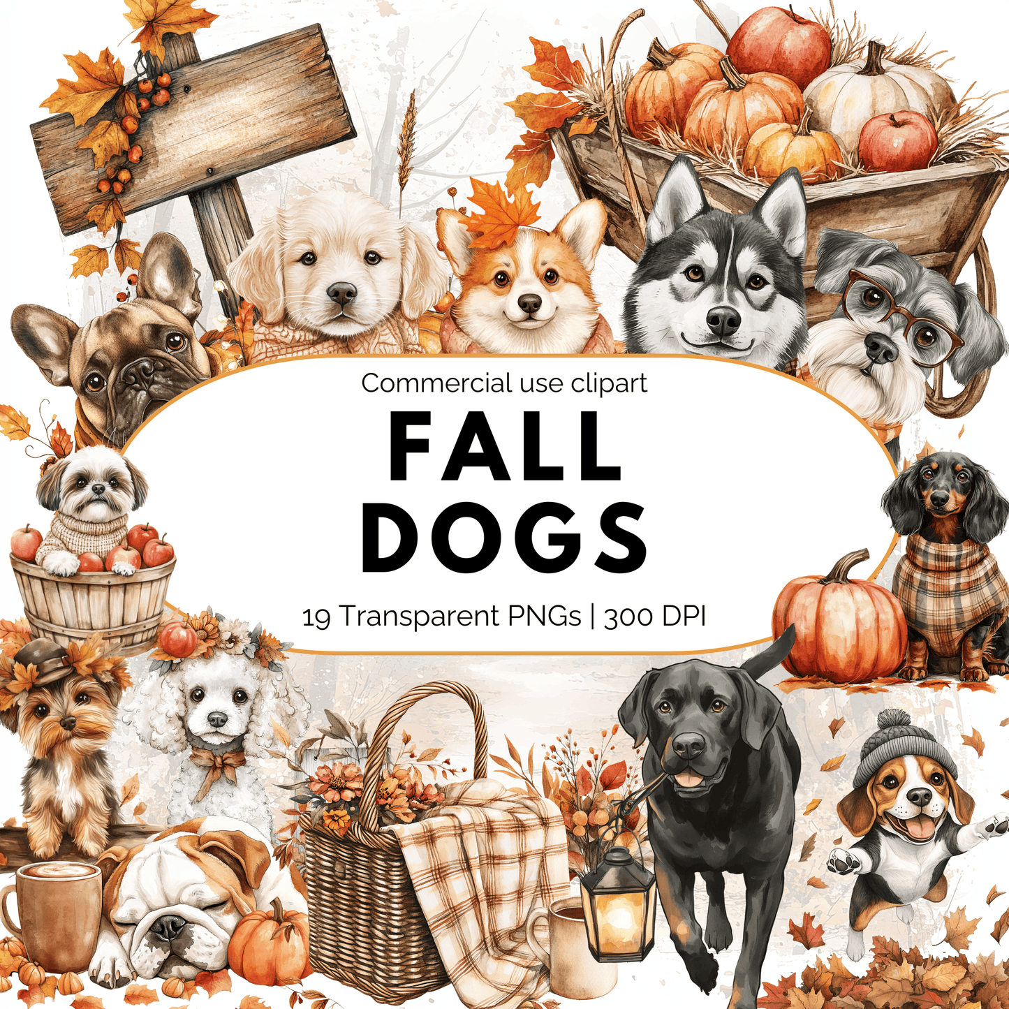 Fall Dog Clipart PNG, Autumn Puppy Sublimation Bundle, Cozy Dog Graphics for Junk Journals & Crafts