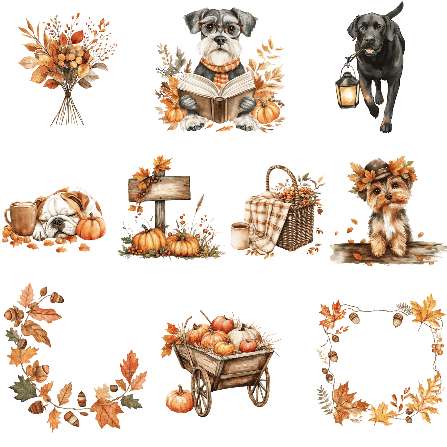 nine illustrations of autumn-themed scenes, including a dog reading a book, a dog holding a lantern, a dog sleeping, a dog wearing a hat, a basket of pumpkins, a sign, a dog in a basket, a wagon filled with pumpkins, a wagon filled with apples, and a wagon filled with acorns.