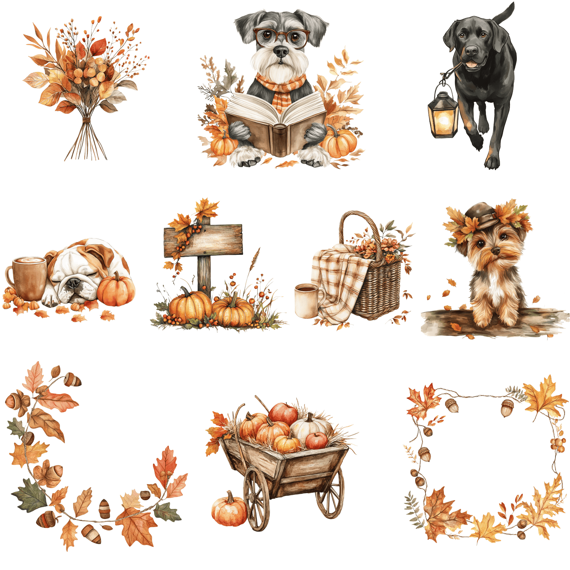 nine illustrations of autumn-themed scenes, including a dog reading a book, a dog holding a lantern, a dog sleeping, a dog wearing a hat, a basket of pumpkins, a sign, a dog in a basket, a wagon filled with pumpkins, a wagon filled with apples, and a wagon filled with acorns.