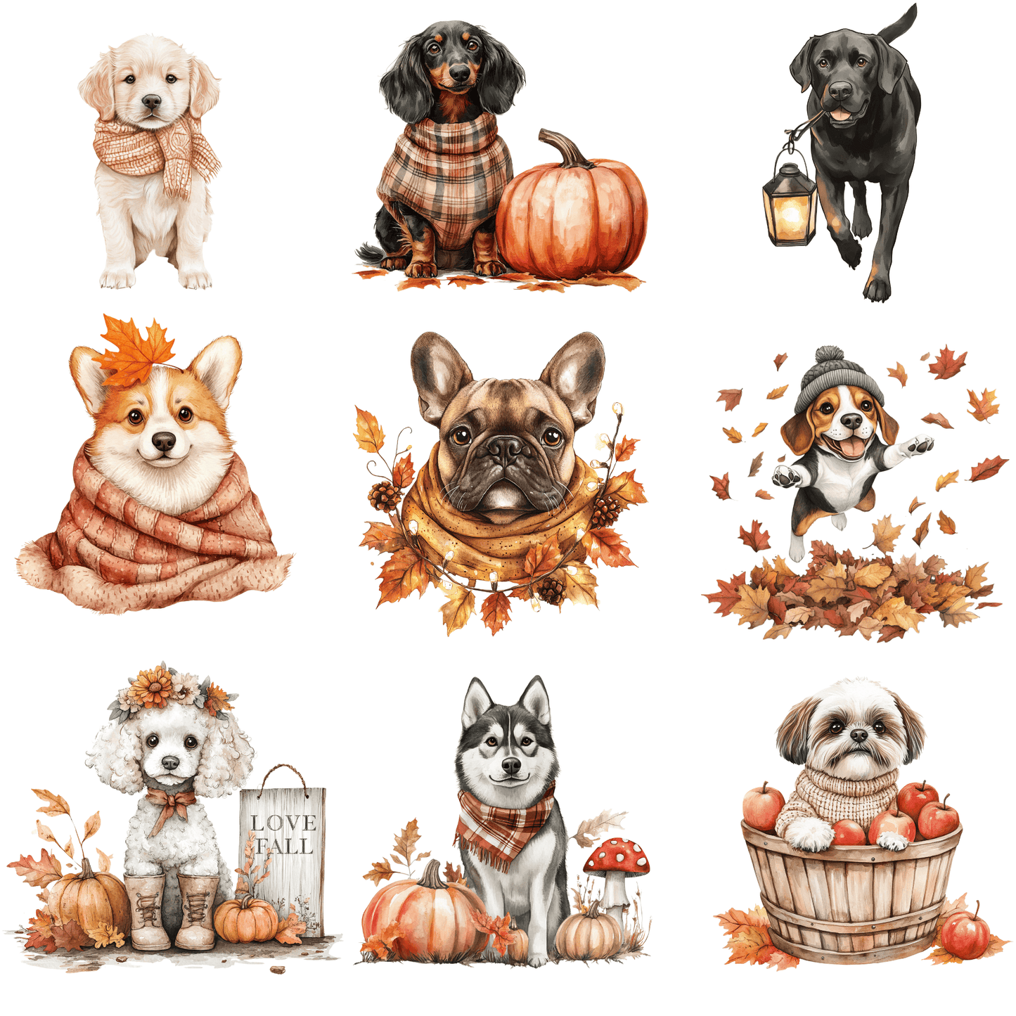 nine illustrations of dogs wearing various fall-themed outfits and accessories, including sweaters, scarves, and lanterns.
