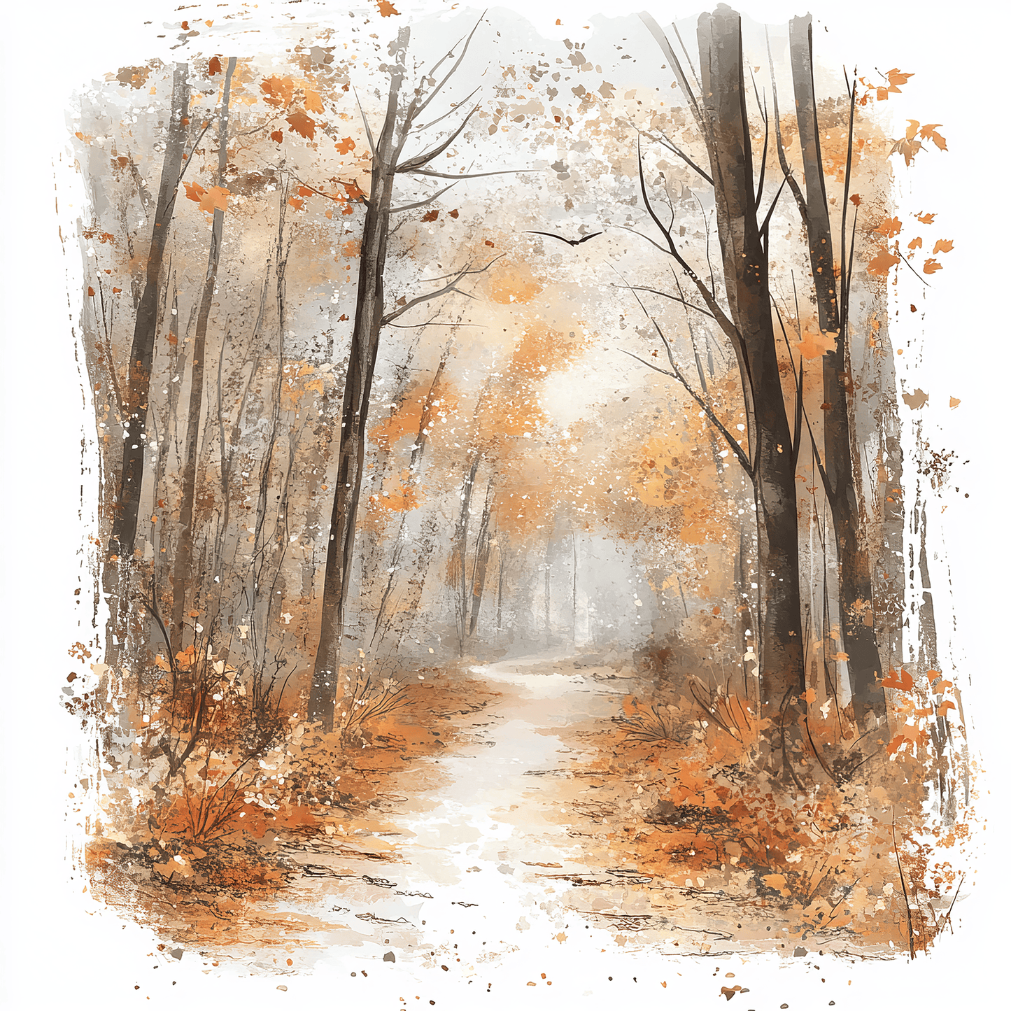 a serene autumn forest scene, with a winding path leading through the trees and their vibrant orange and yellow leaves.