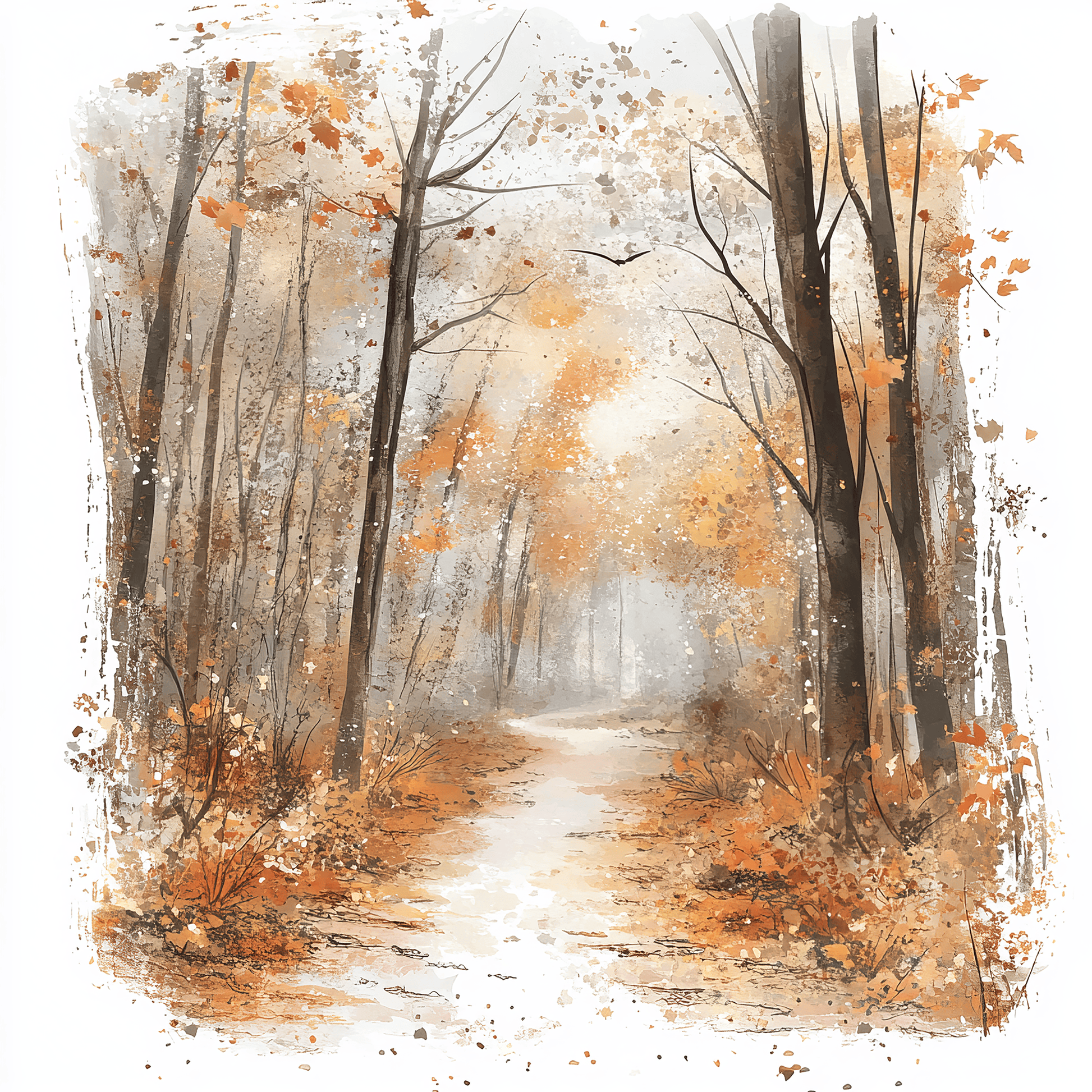 a serene autumn forest scene, with a winding path leading through the trees and their vibrant orange and yellow leaves.