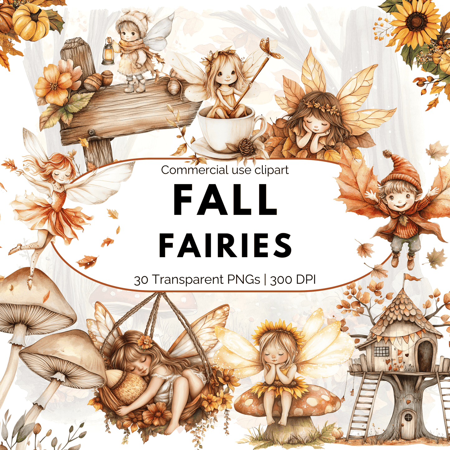 Fall Fairy Clipart PNG – Whimsical Autumn Fairies, Forest Elements & Magic Fairy Garden
