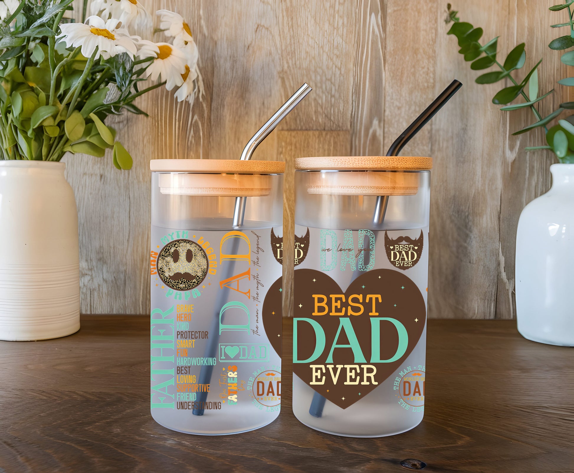 a couple of cups sitting on top of a wooden table