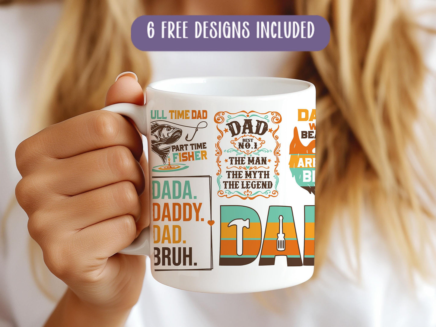 a woman holding a coffee mug with the words dad on it