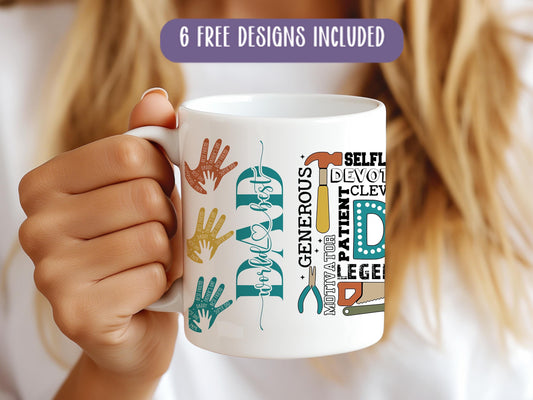 a woman holding a coffee mug with her hand prints on it