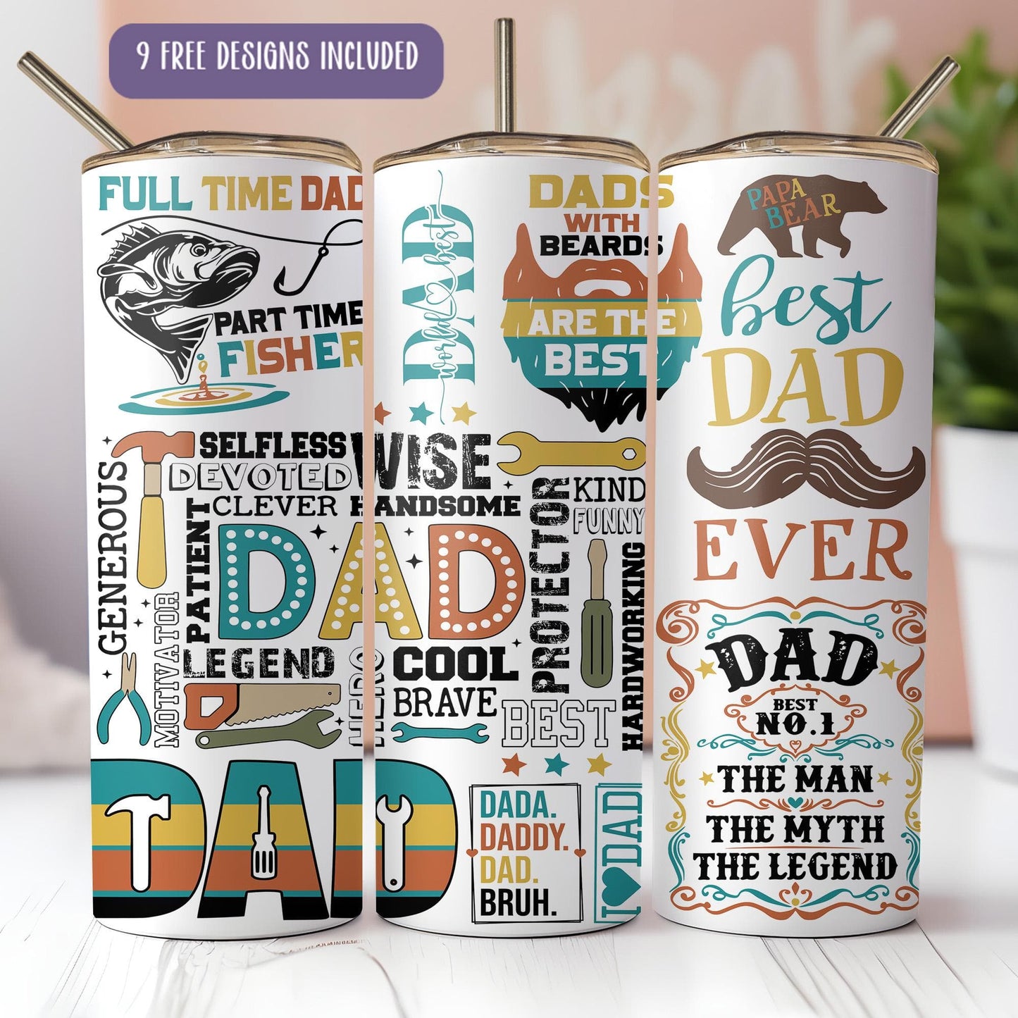 a set of three personalized tumbles with different designs on them