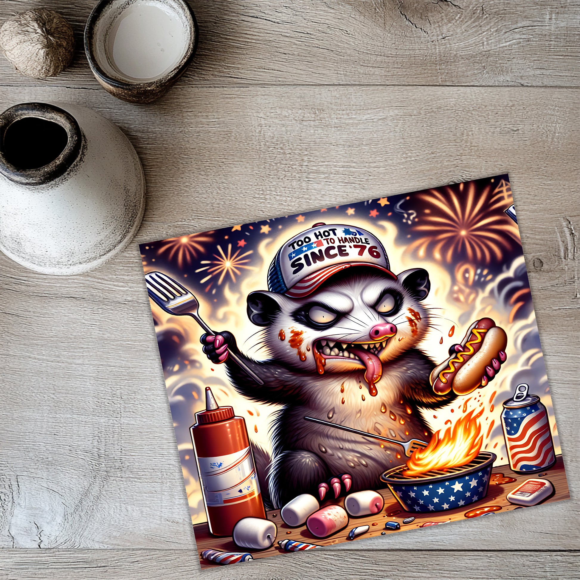 a picture of a raccoon eating a hot dog