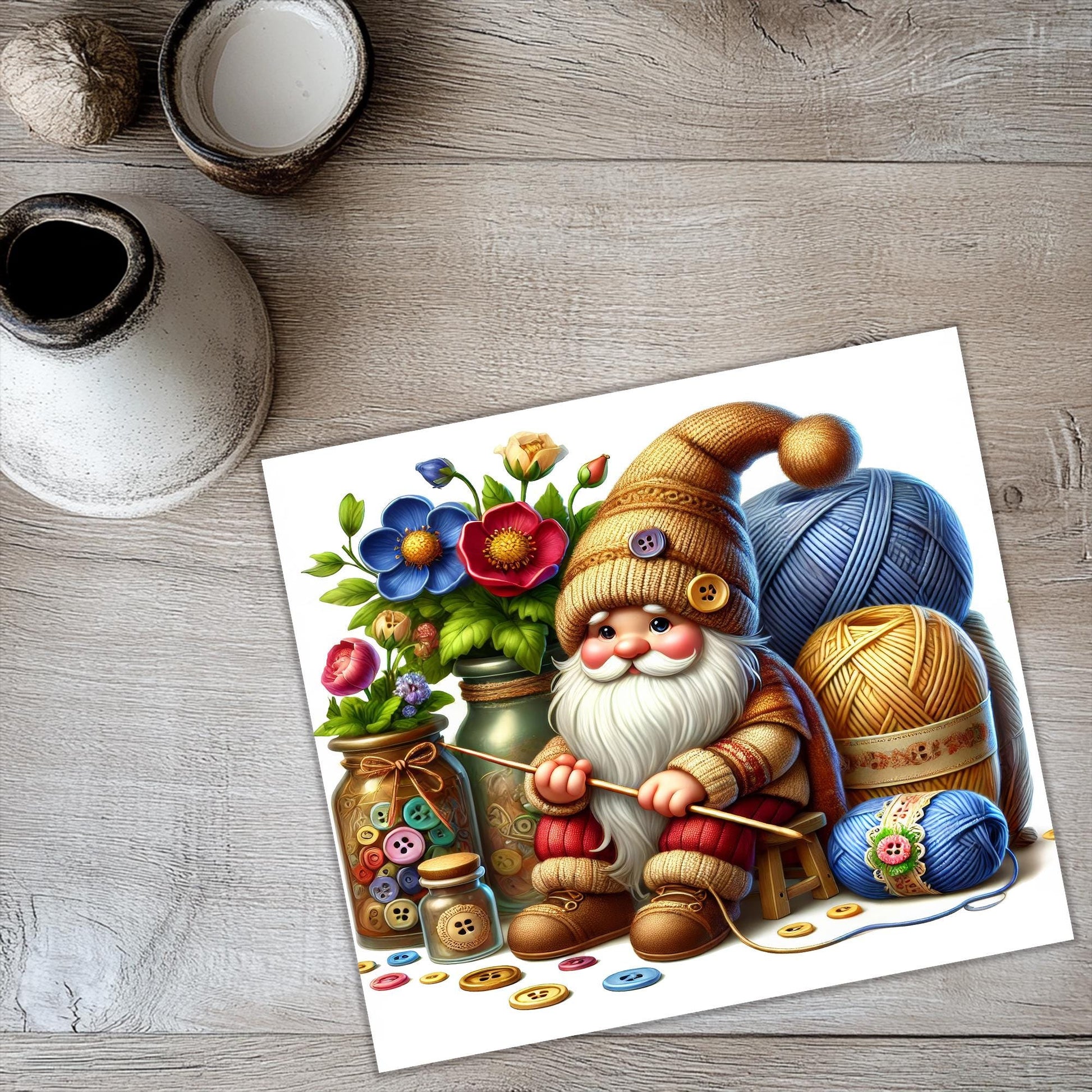 a card with a painting of a gnome holding a stick