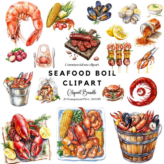 a seafood boil clipart set includes shrimp, shrimp, shrimp, corn, and