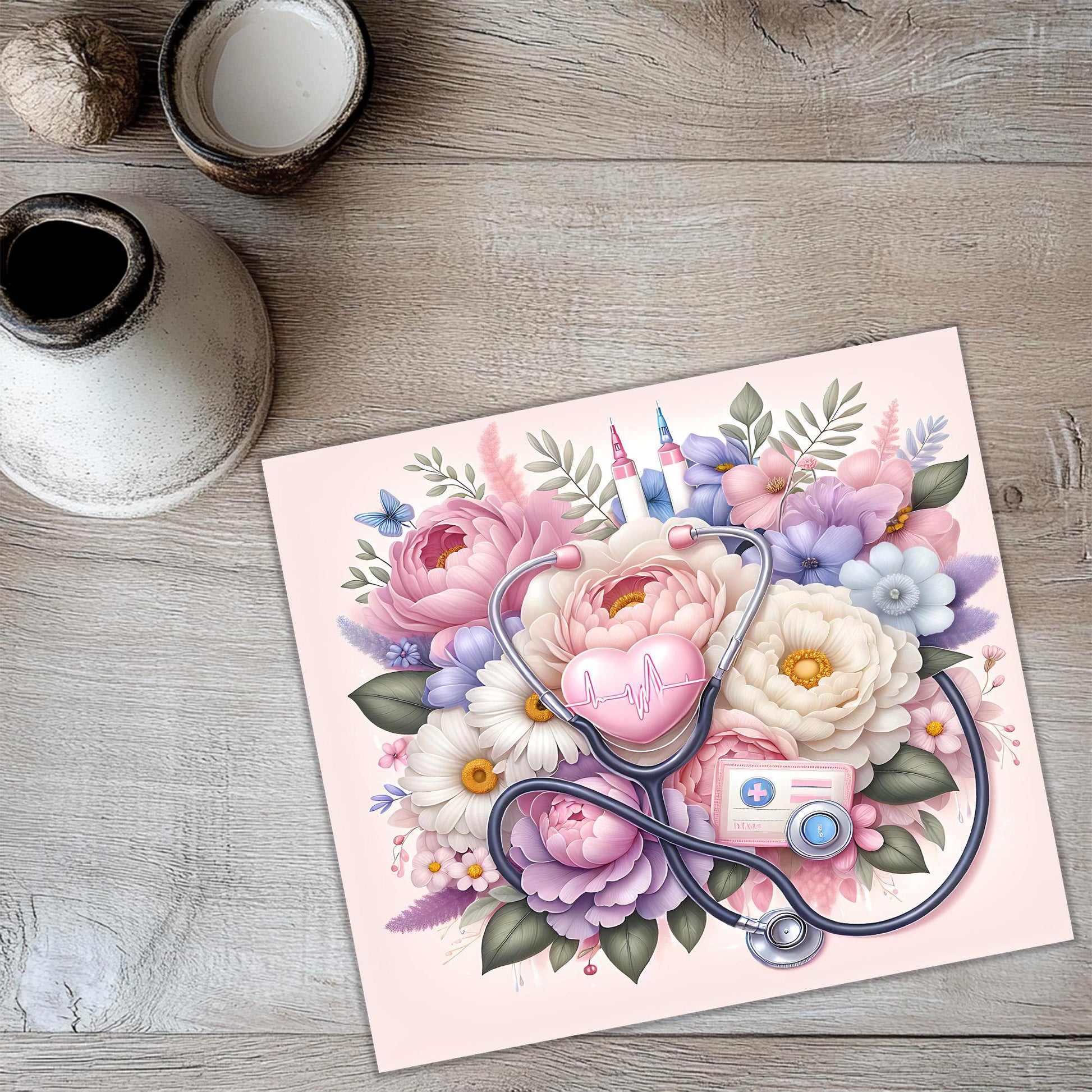 a card with a stethoscope and flowers on it