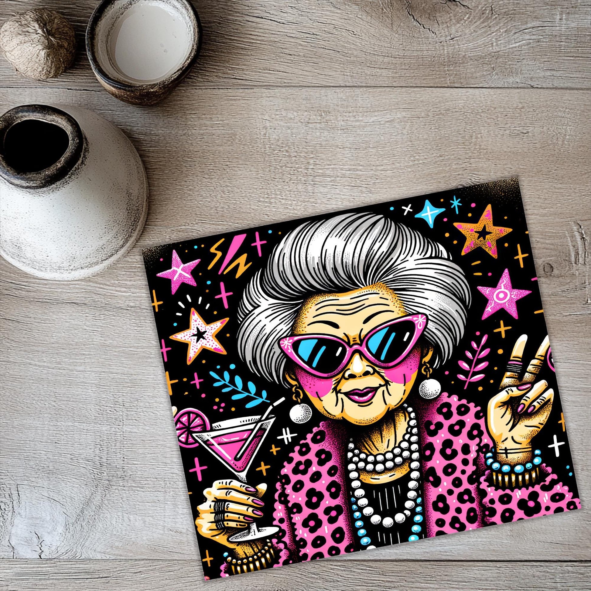 a painting of an old woman with glasses