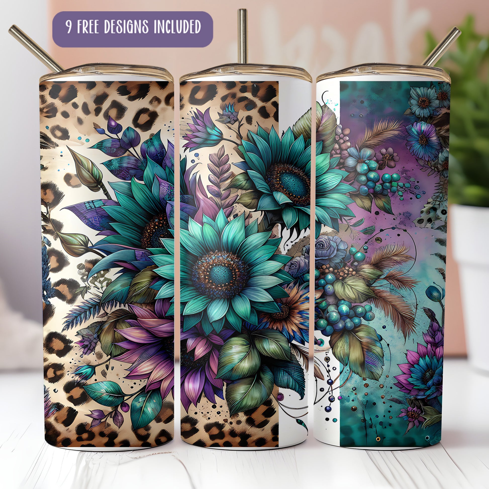 a set of three colorful floral tumbles on a table