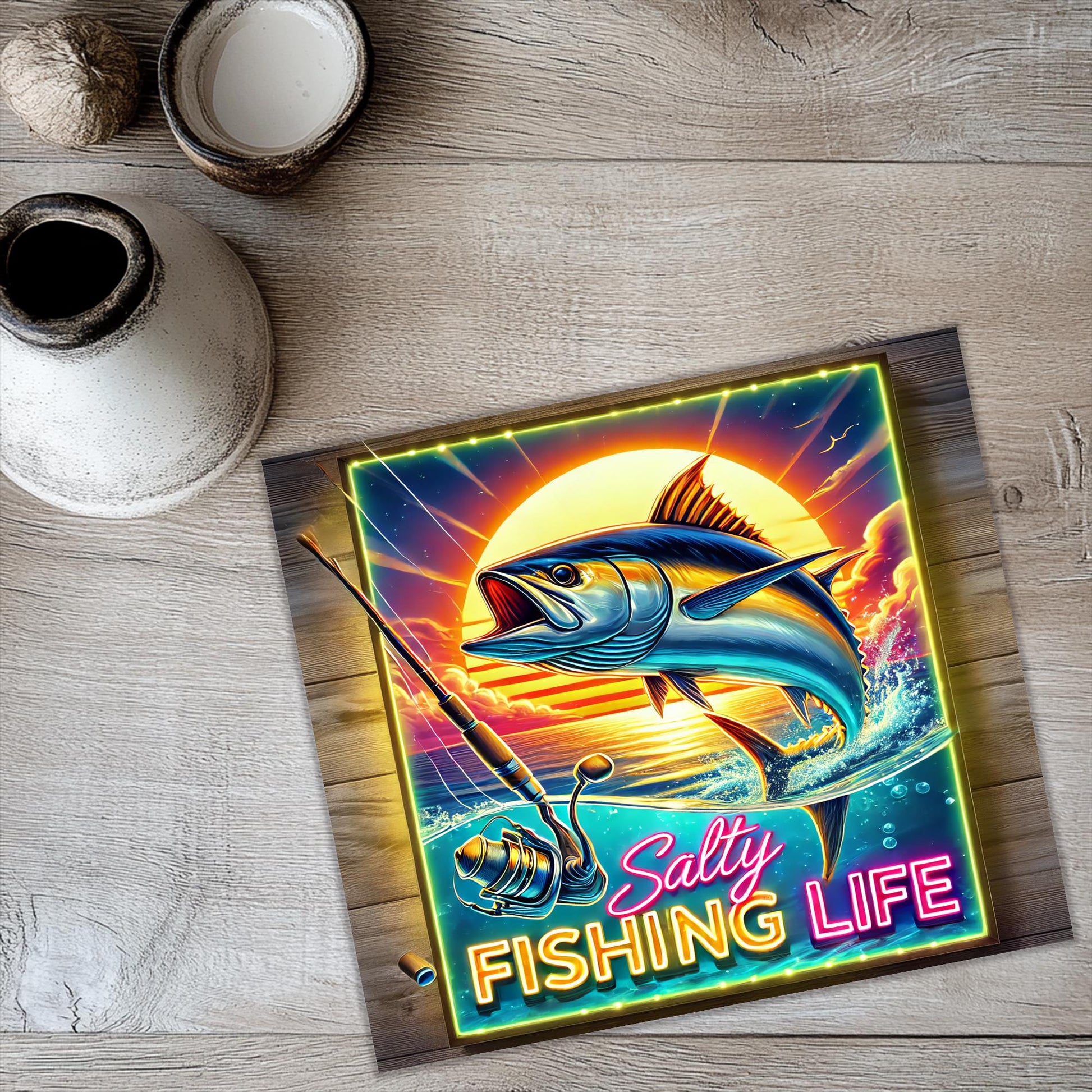 a poster of a fish on a wooden table
