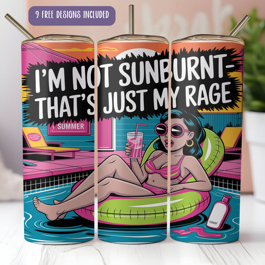 A colorful and vibrant straw tumbler with a cartoon illustration of a woman in a bikini, holding a drink and sitting in a pool.