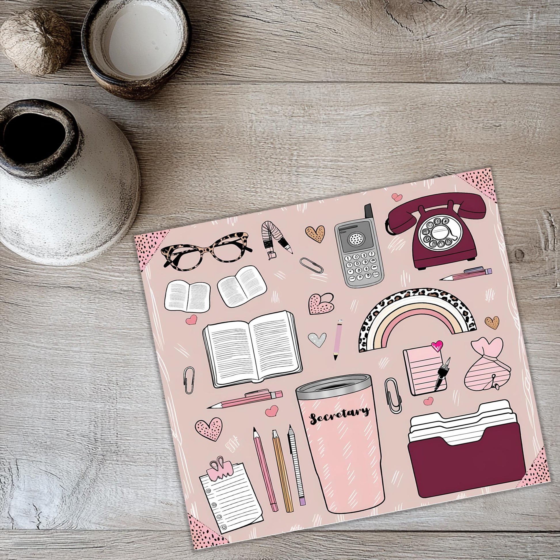 a picture of a desk with a phone, books, and other items