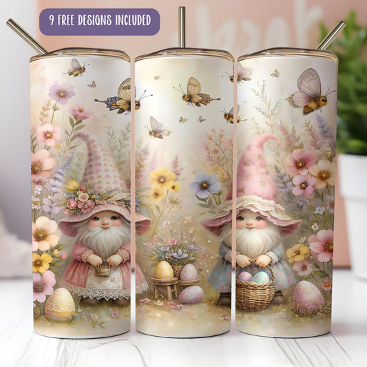 a set of three travel mugs with a picture of two gnomes