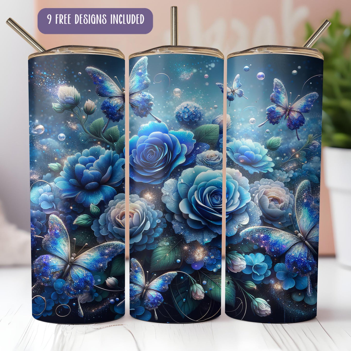 a set of three blue flowers with butterflies on them