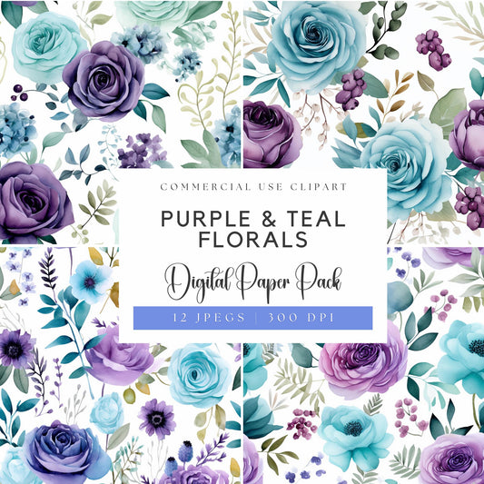 Purple & Teal Floral Digital Papers