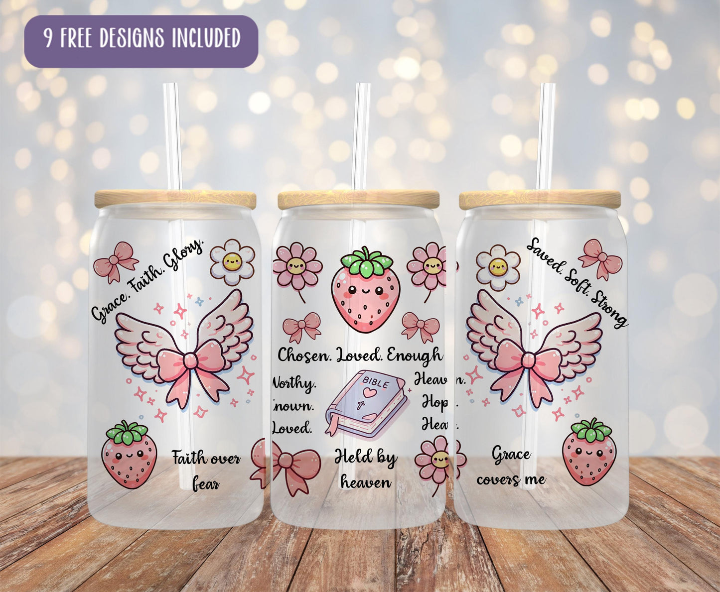 a set of three personalized tumblers with strawberries and angel wings