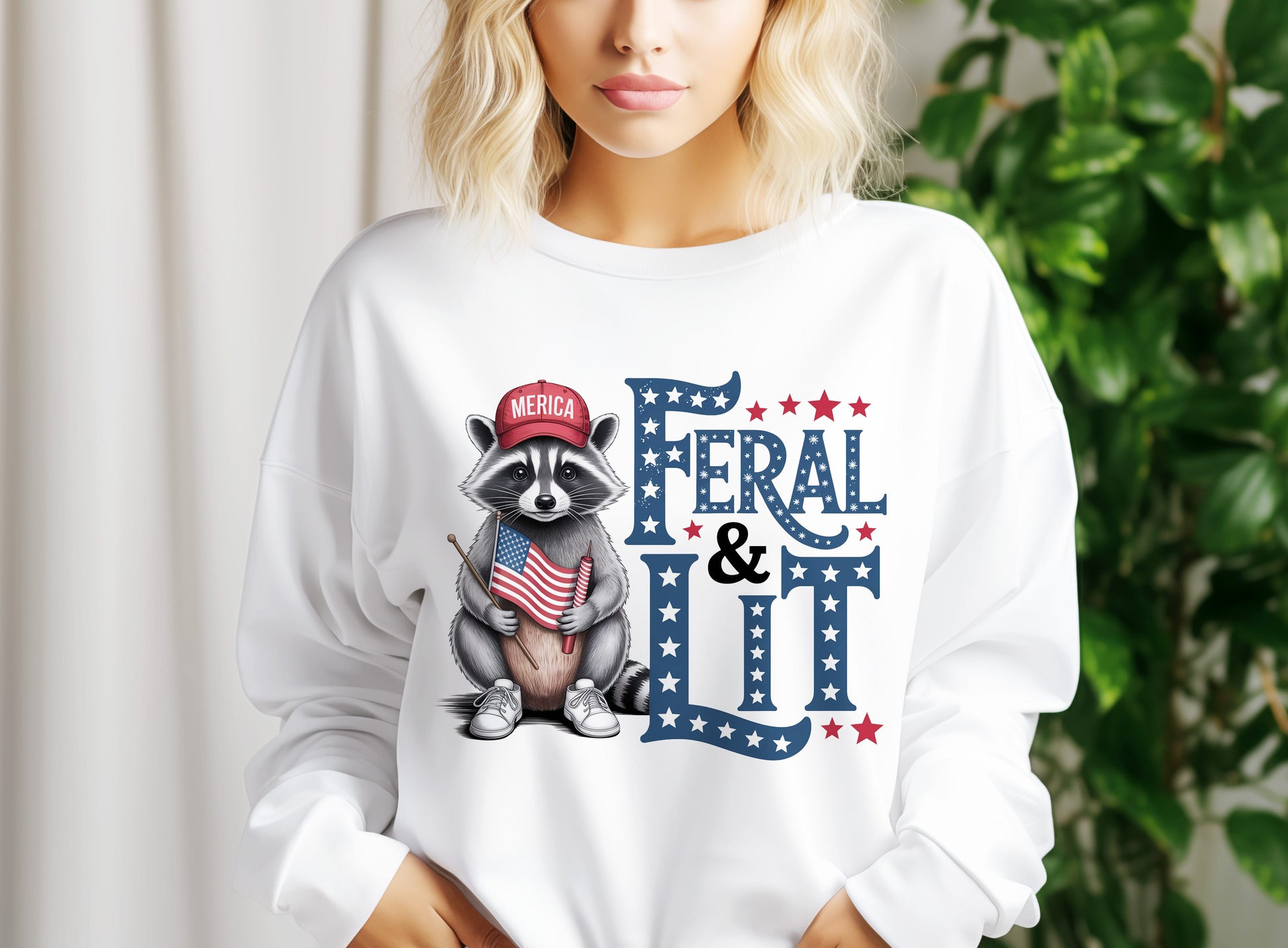 a woman wearing a white shirt with a raccoon on it