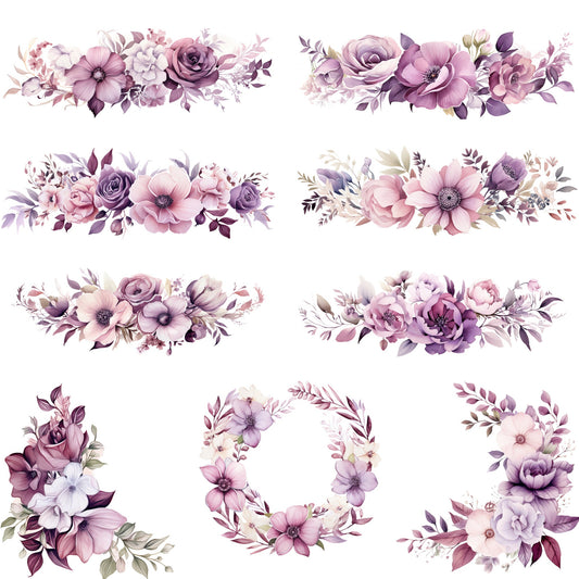 Clipart floral morado de acuarela