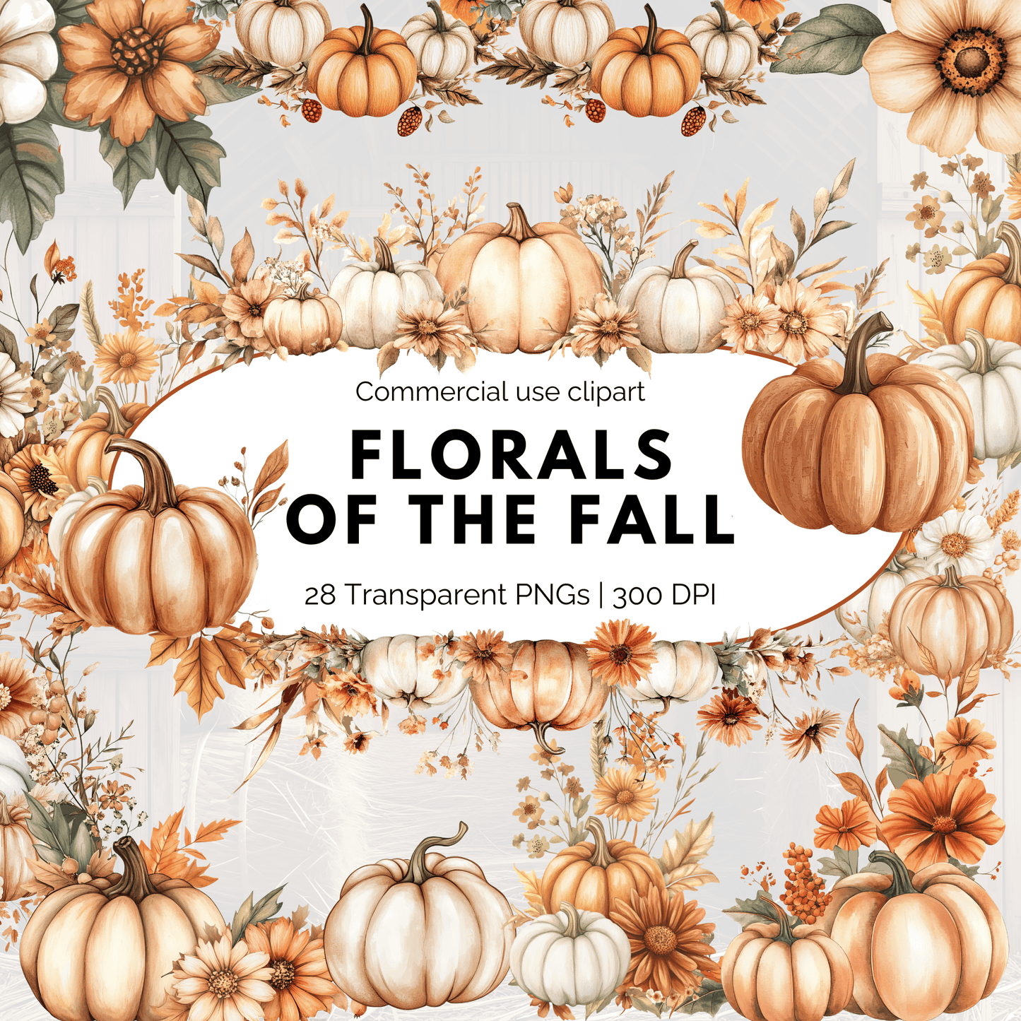 Florals of the Fall Clipart, Watercolor Pumpkin & Autumn Flower PNGs, Boho Thanksgiving Floral Clip Art