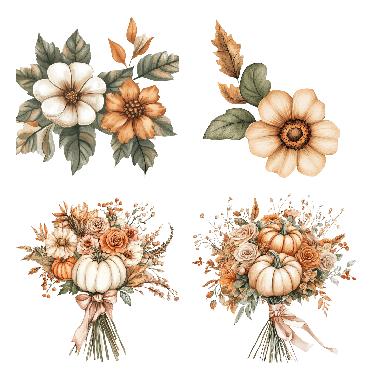 a bouquet of flowers and pumpkins on a white background
