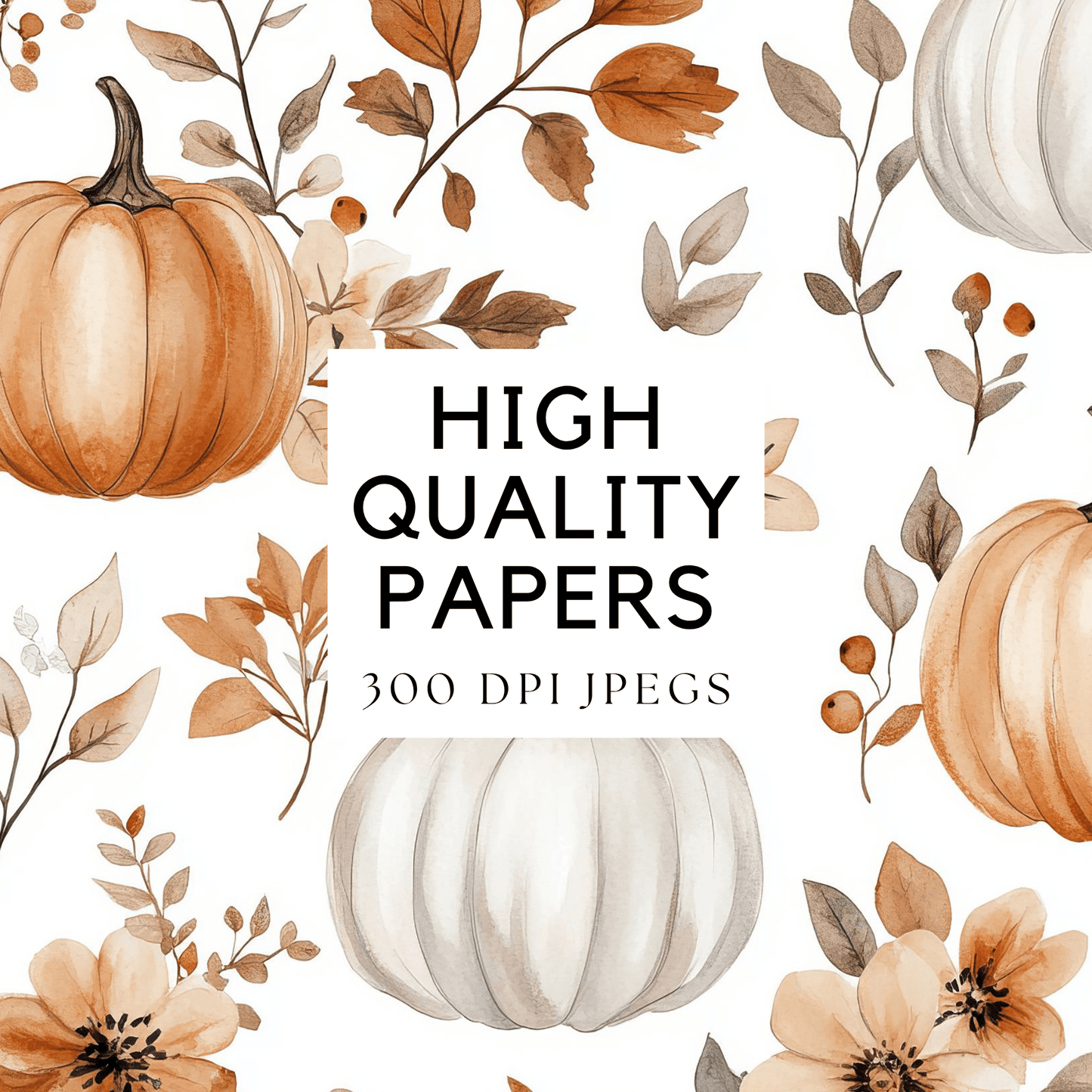 watercolor pumpkins and leaves on a white background