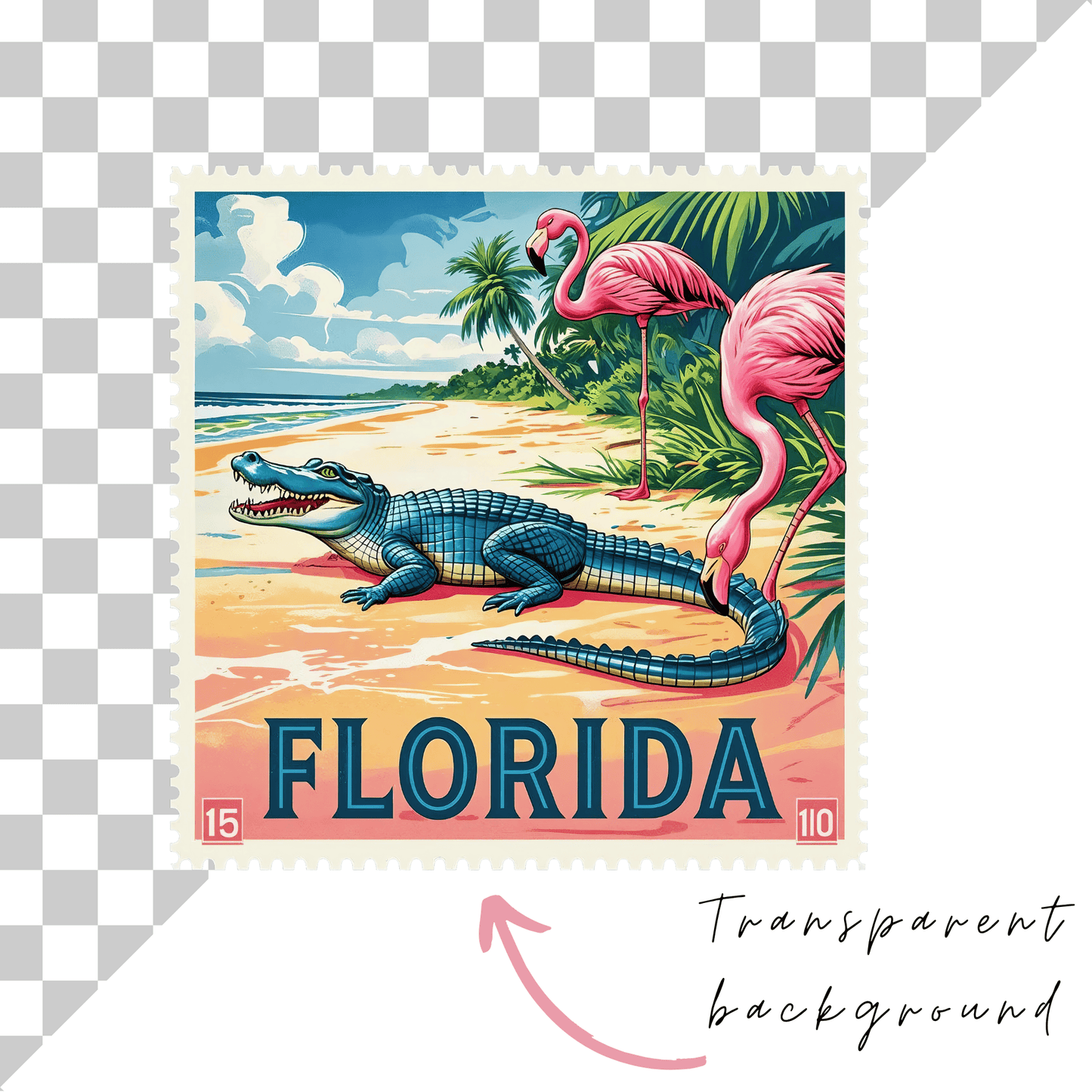 a postage stamp with an image of a crocodile and flamingos