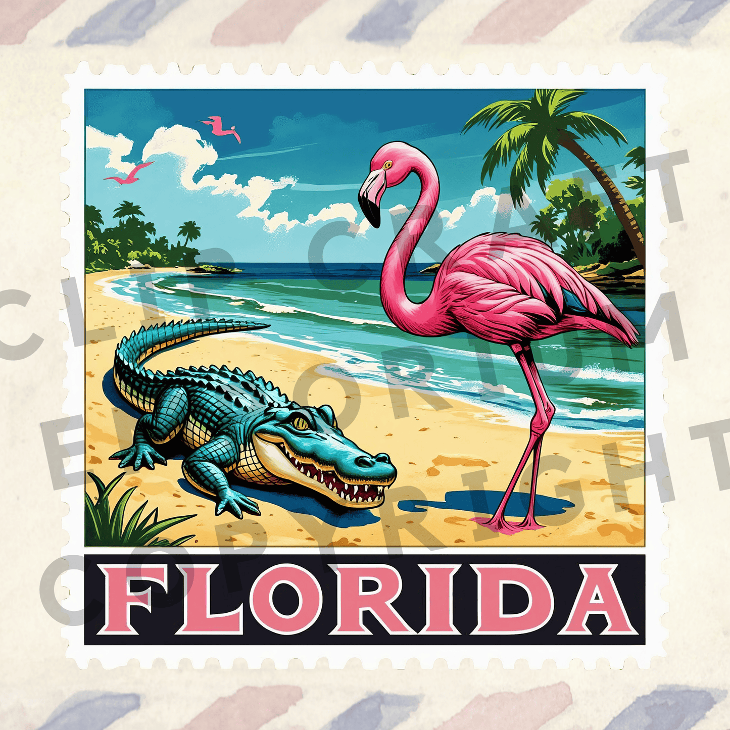 a picture of a pink flamingo and an alligator on a beach
