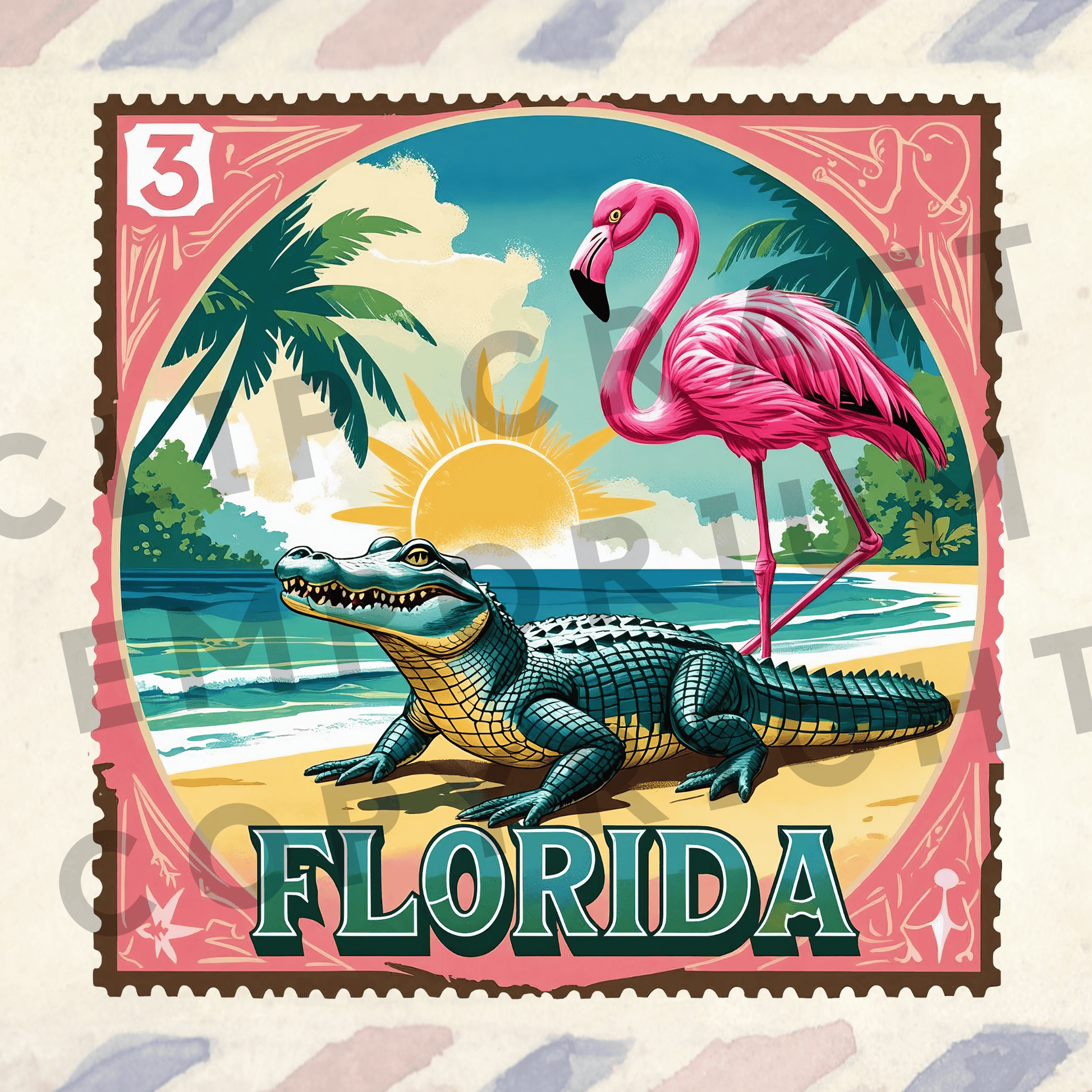 a stamp with a flamingo and a crocodile on it