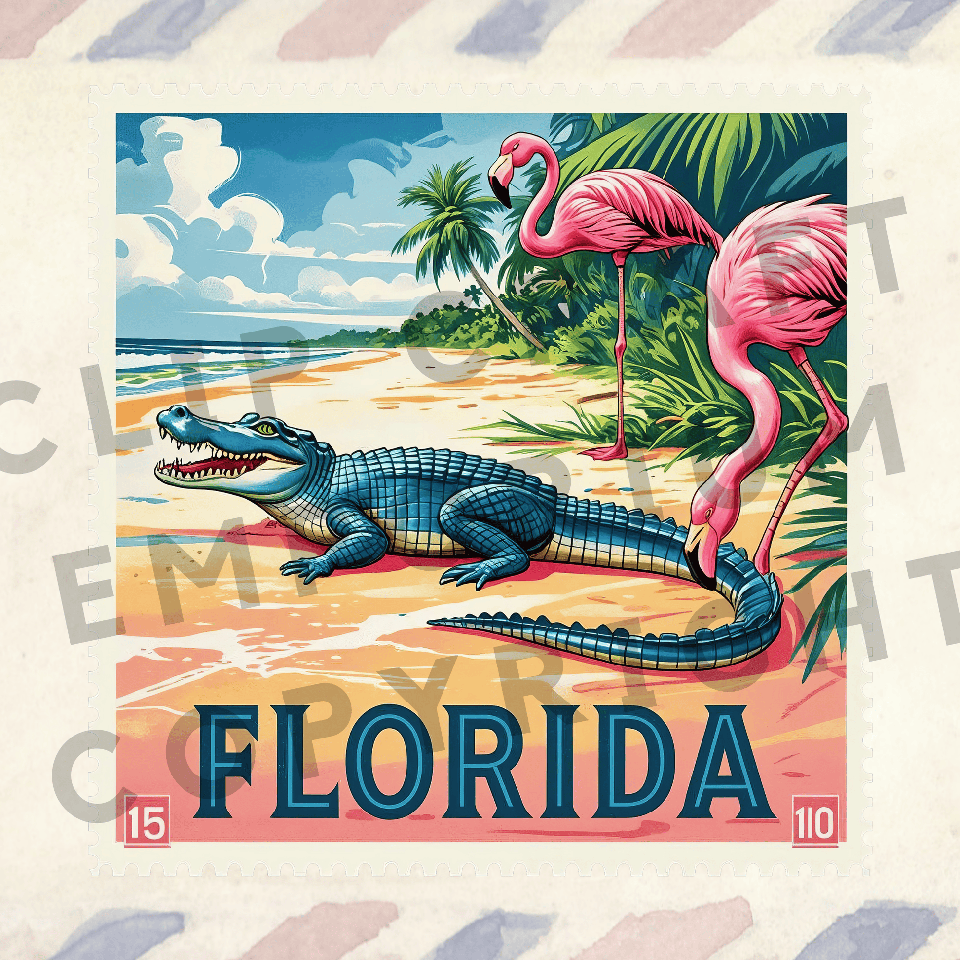 a poster of a florida alligator and a flamingo