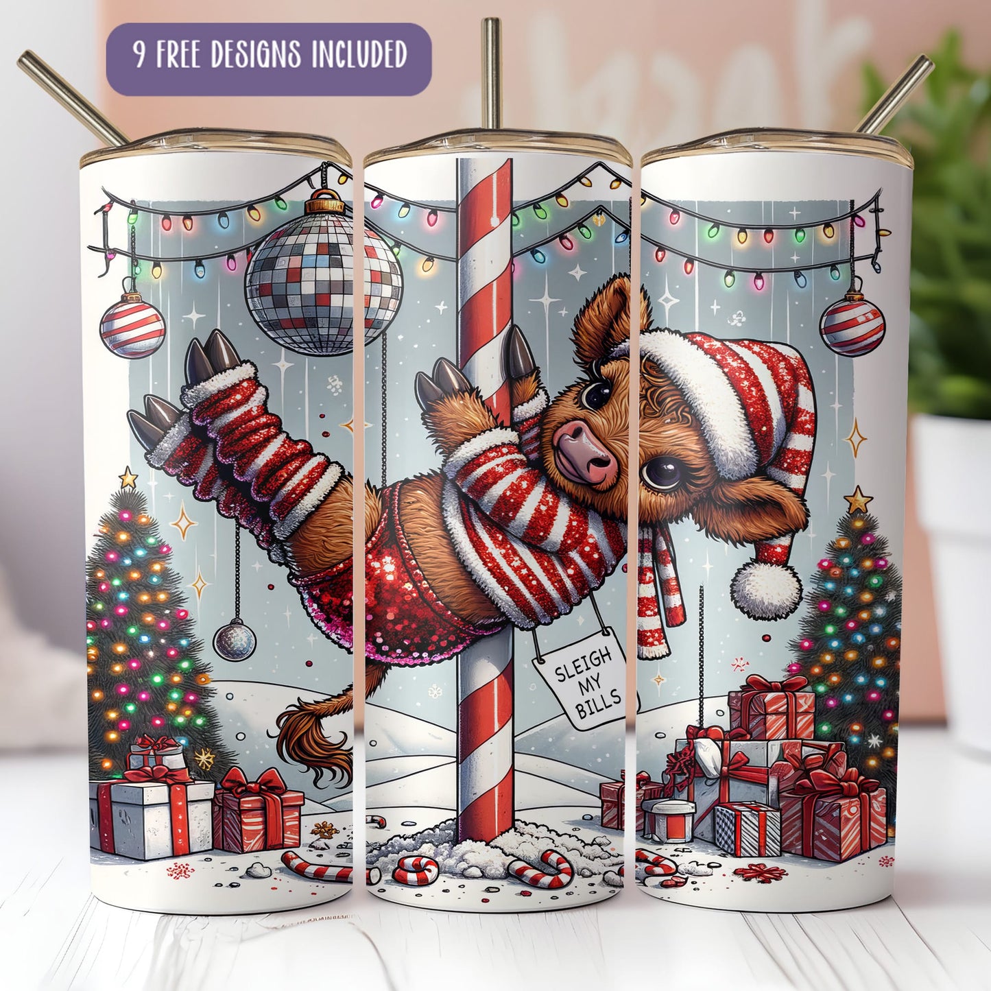 Funny Christmas Highland Cow Tumbler Wrap PNG | Holiday Sublimation