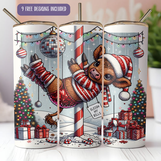 Funny Christmas Highland Cow Tumbler Wrap PNG | Holiday Sublimation
