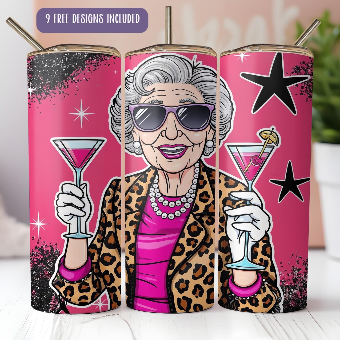 a woman holding a martini in front of a pink background