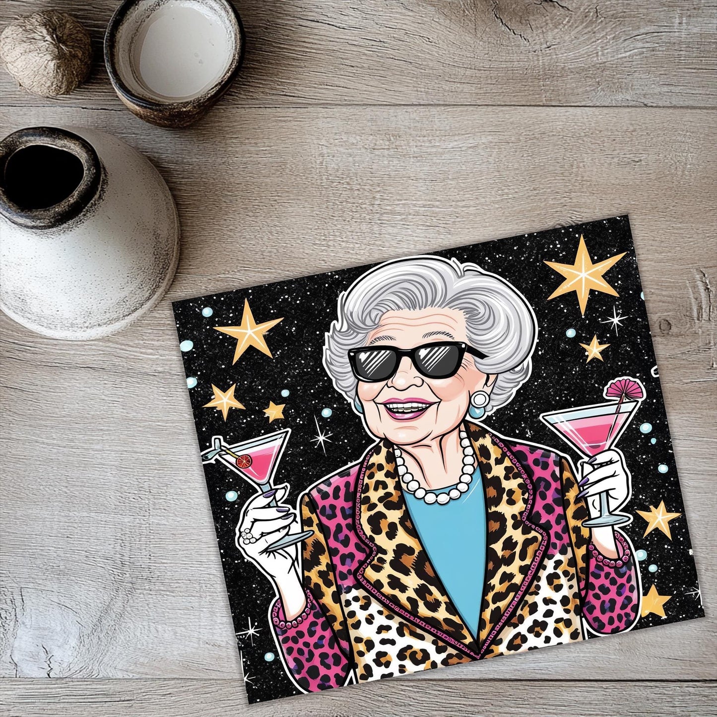 a picture of an older woman holding a martini