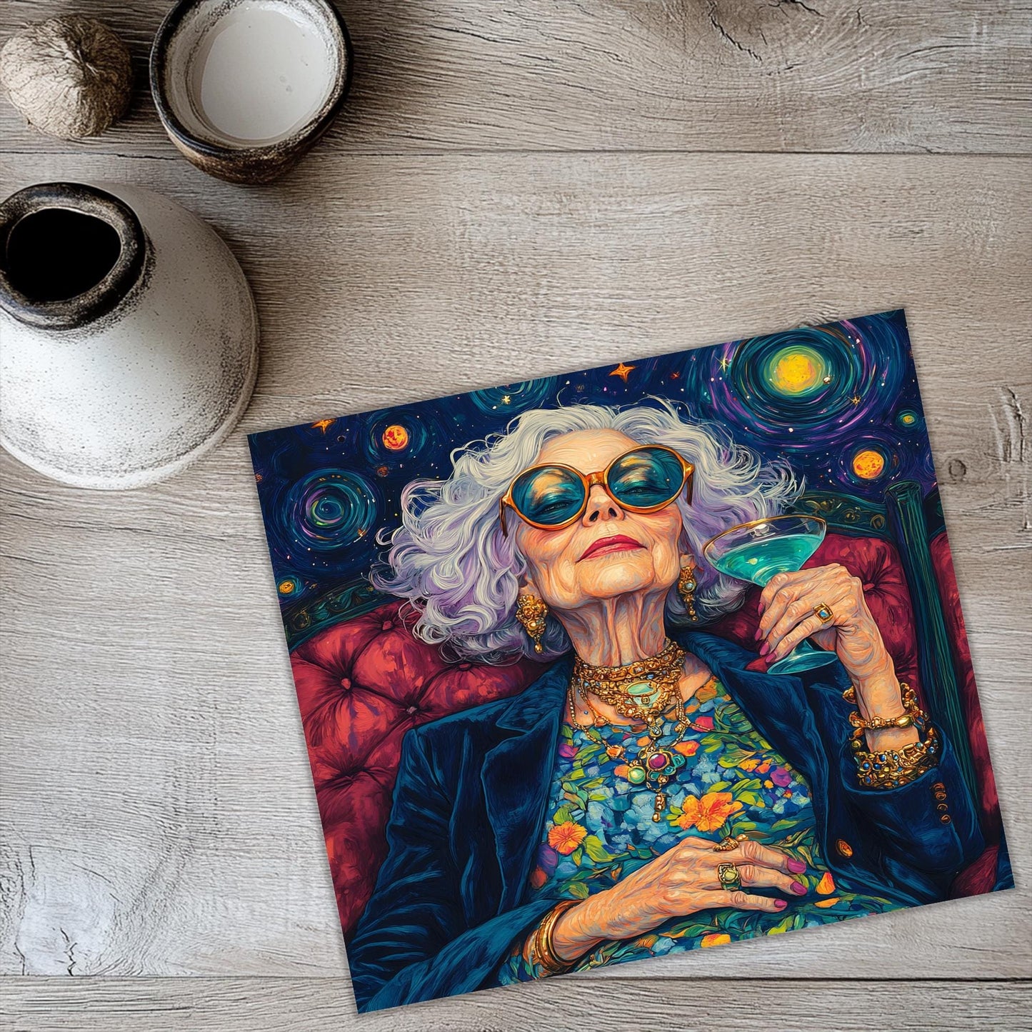 a painting of a woman holding a drink