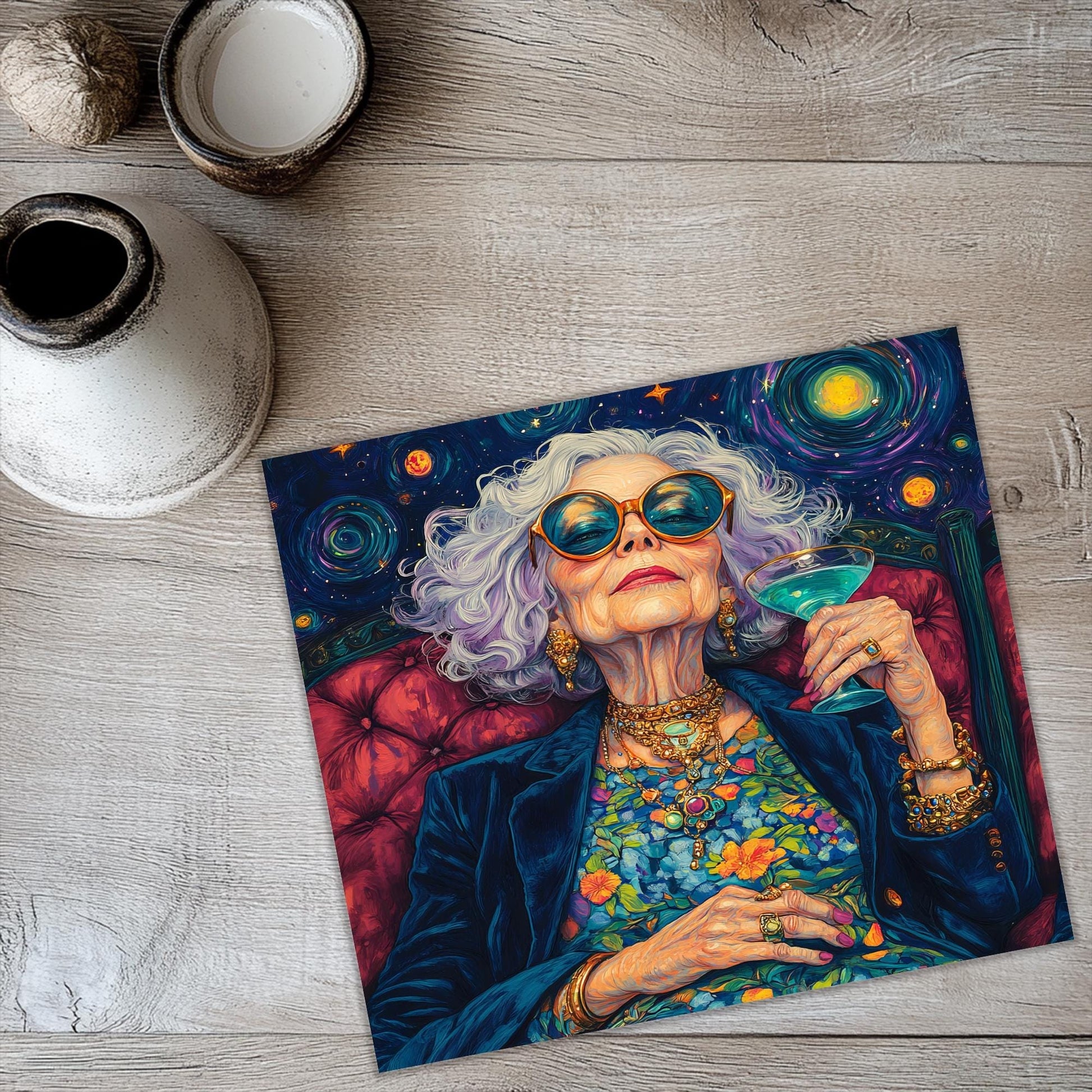 a painting of a woman holding a drink