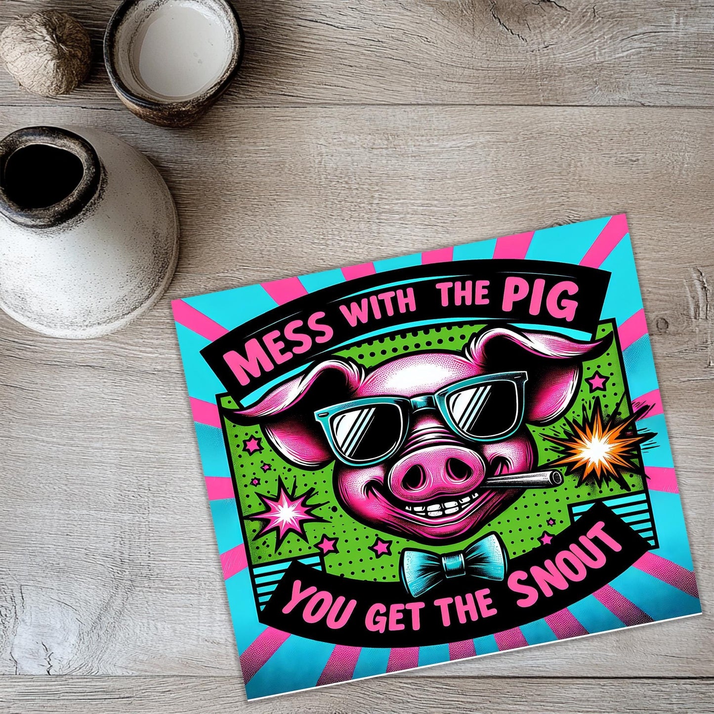 a picture of a pig wearing sunglasses and a bow tie