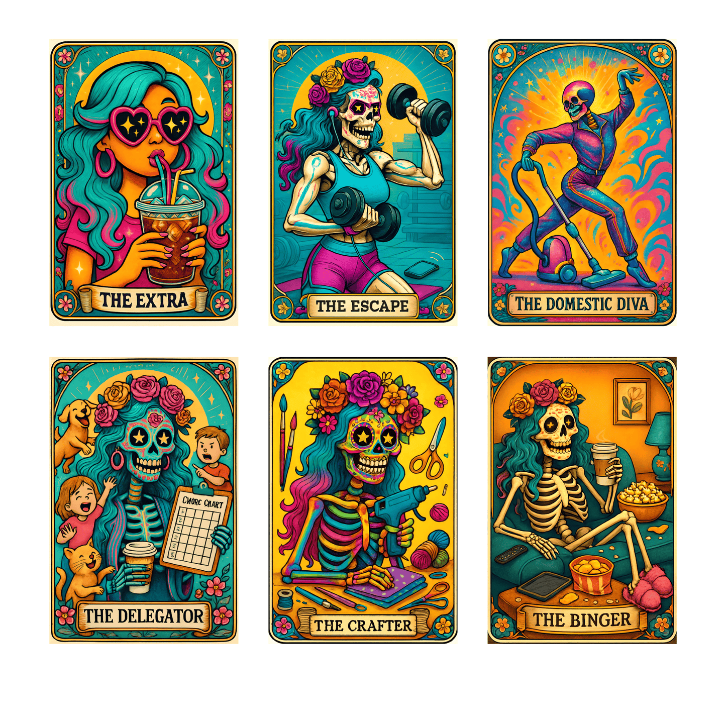 a set of four tarot cards with skeletons