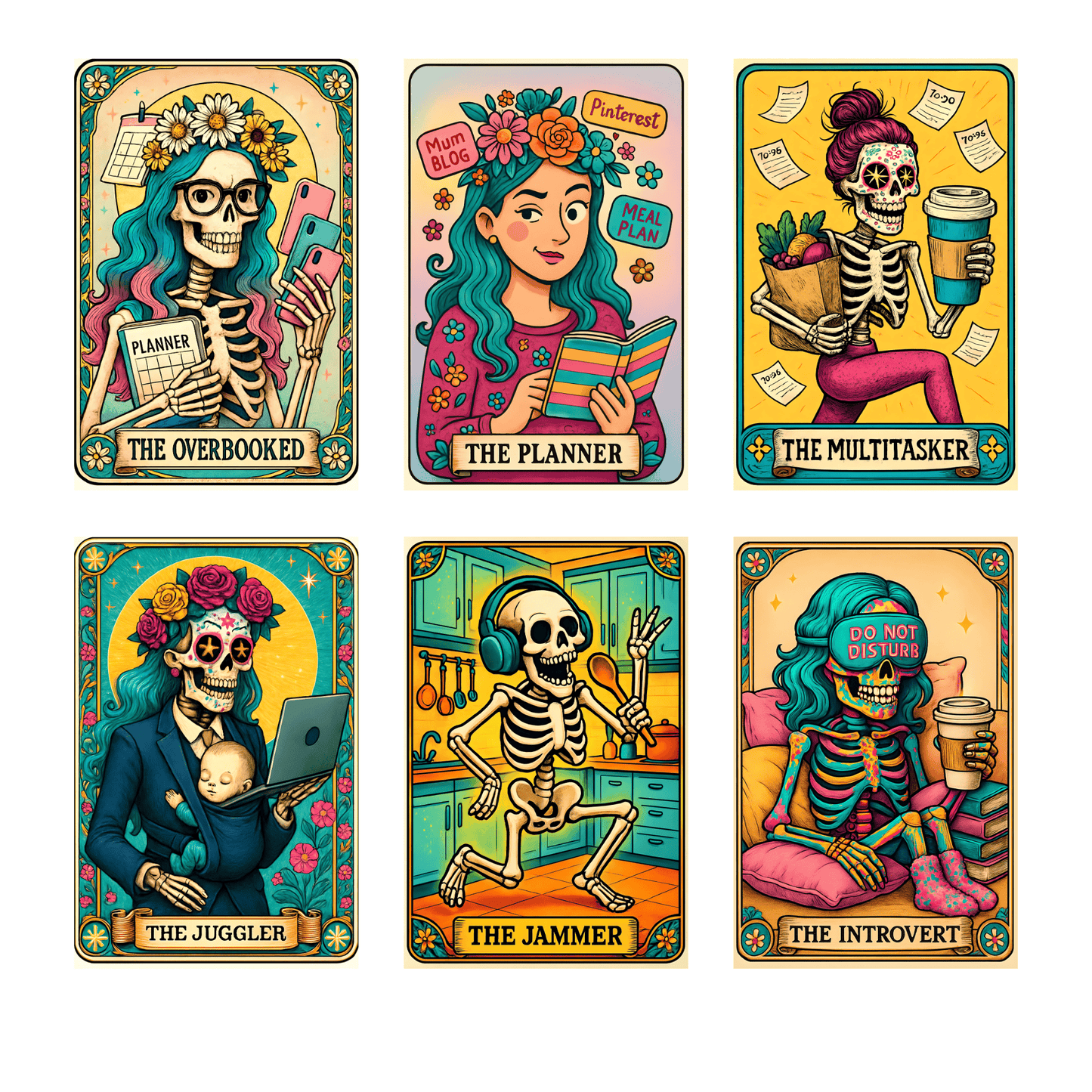 a set of four playing cards with skeletons