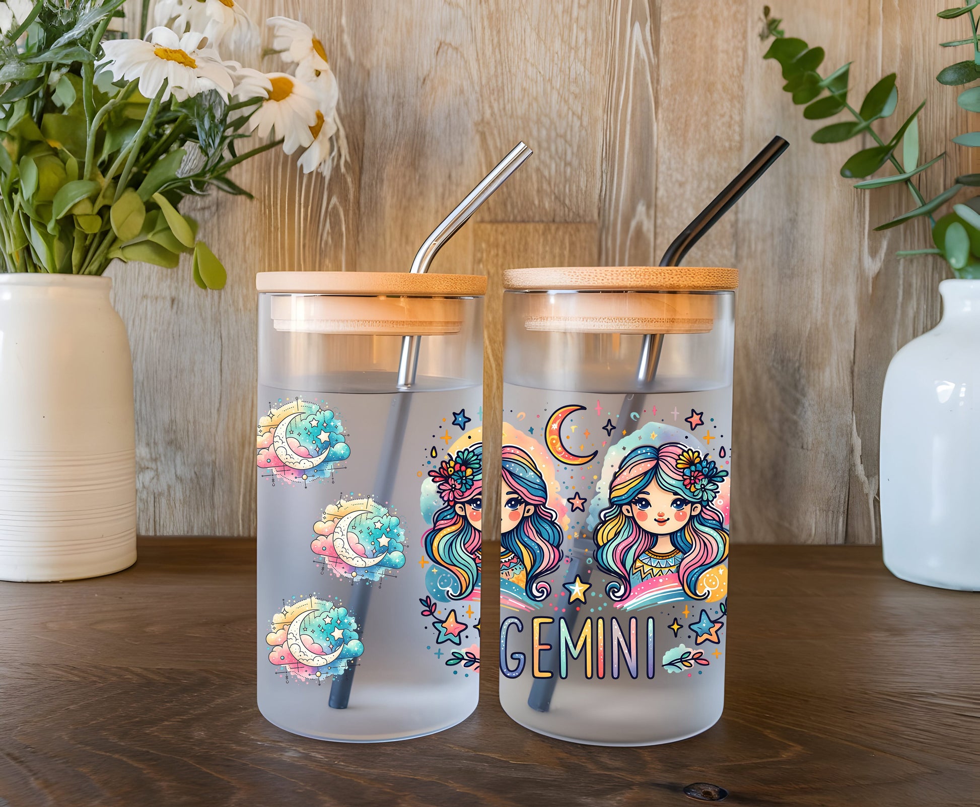a couple of cups sitting on top of a wooden table