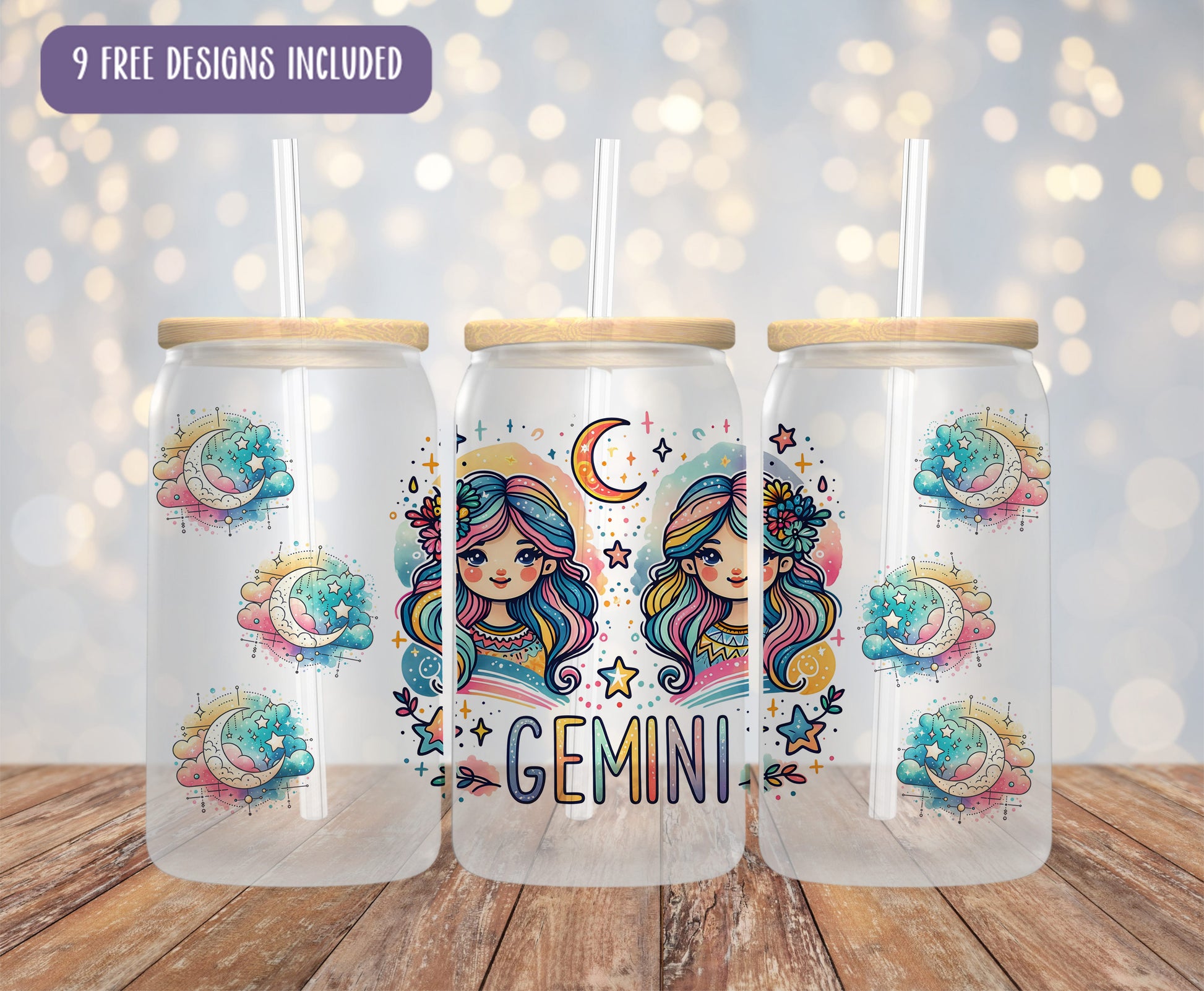 three glass cups with designs on them sitting on a table