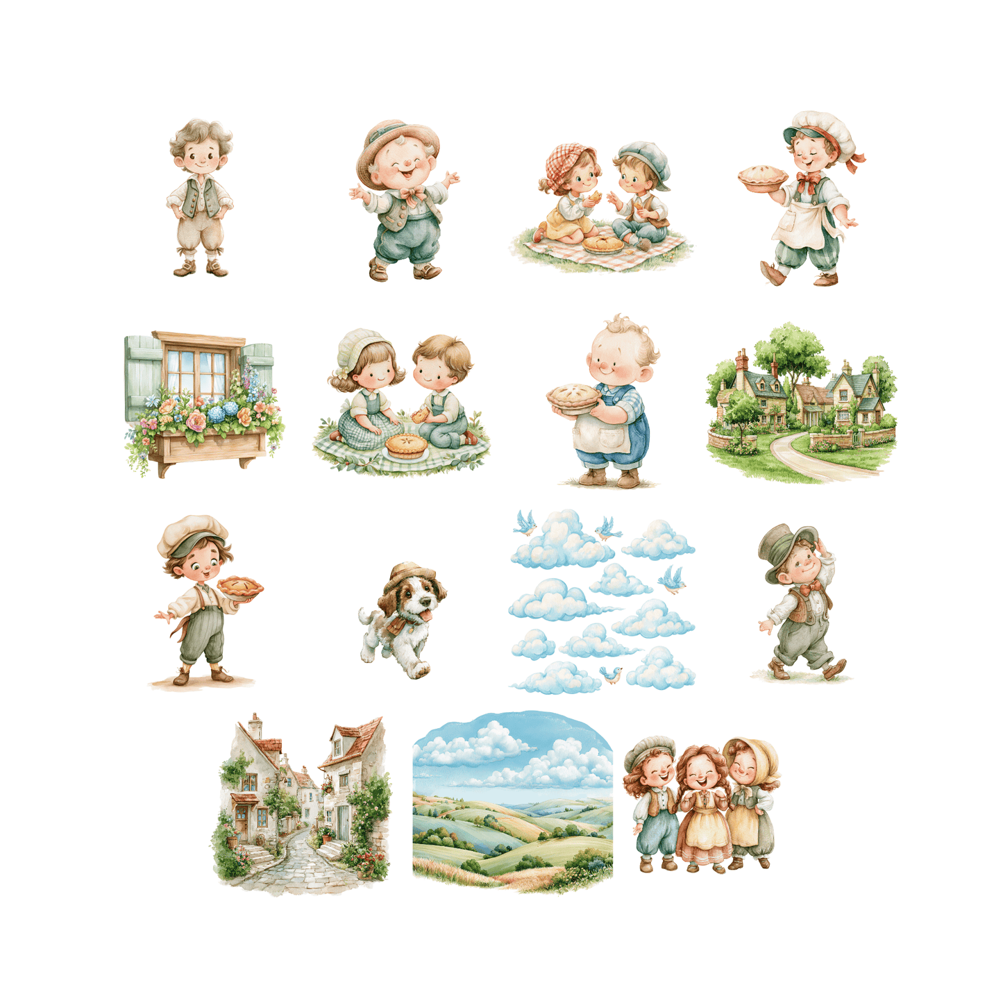 Georgie Porgie Nursery Rhyme Clipart Bundle | Watercolor Storybook PNGs