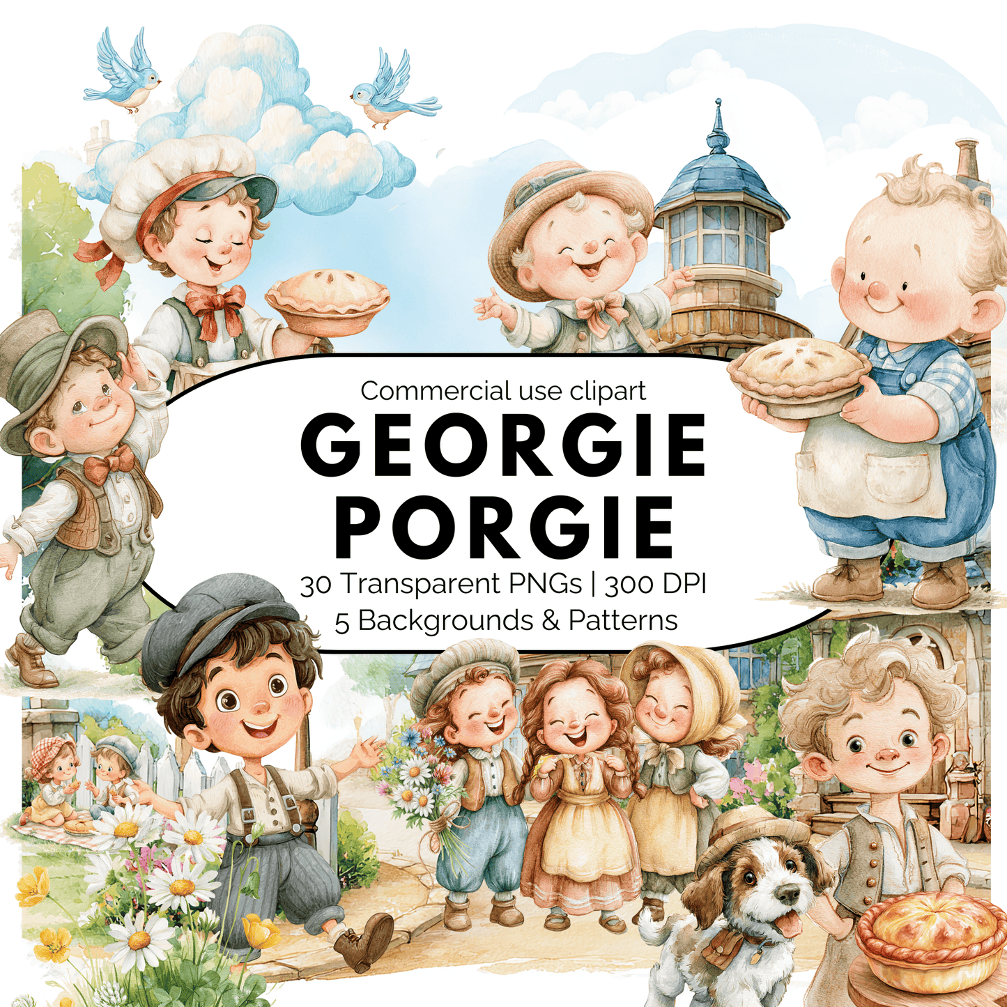 Georgie Porgie Nursery Rhyme Clipart Bundle | Watercolor Storybook PNGs