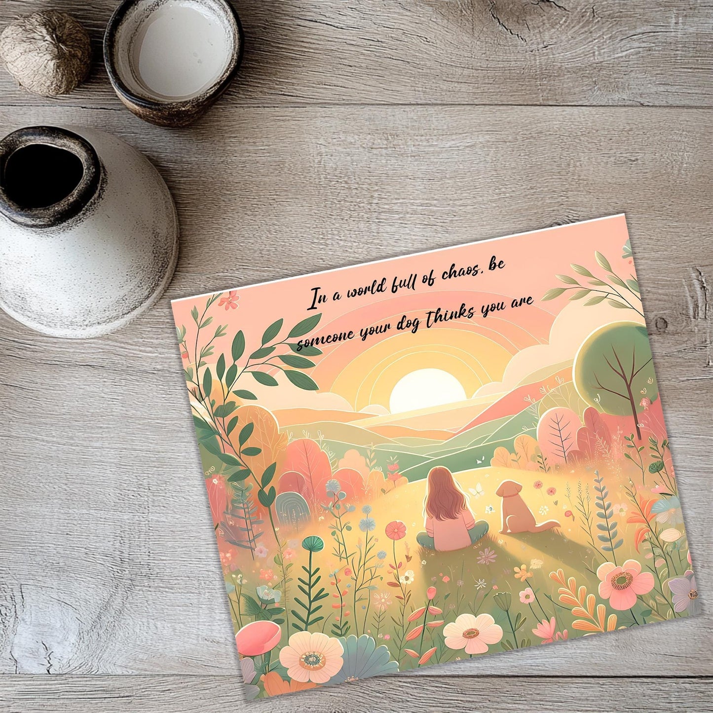 a card with a picture of a woman sitting in a field of flowers