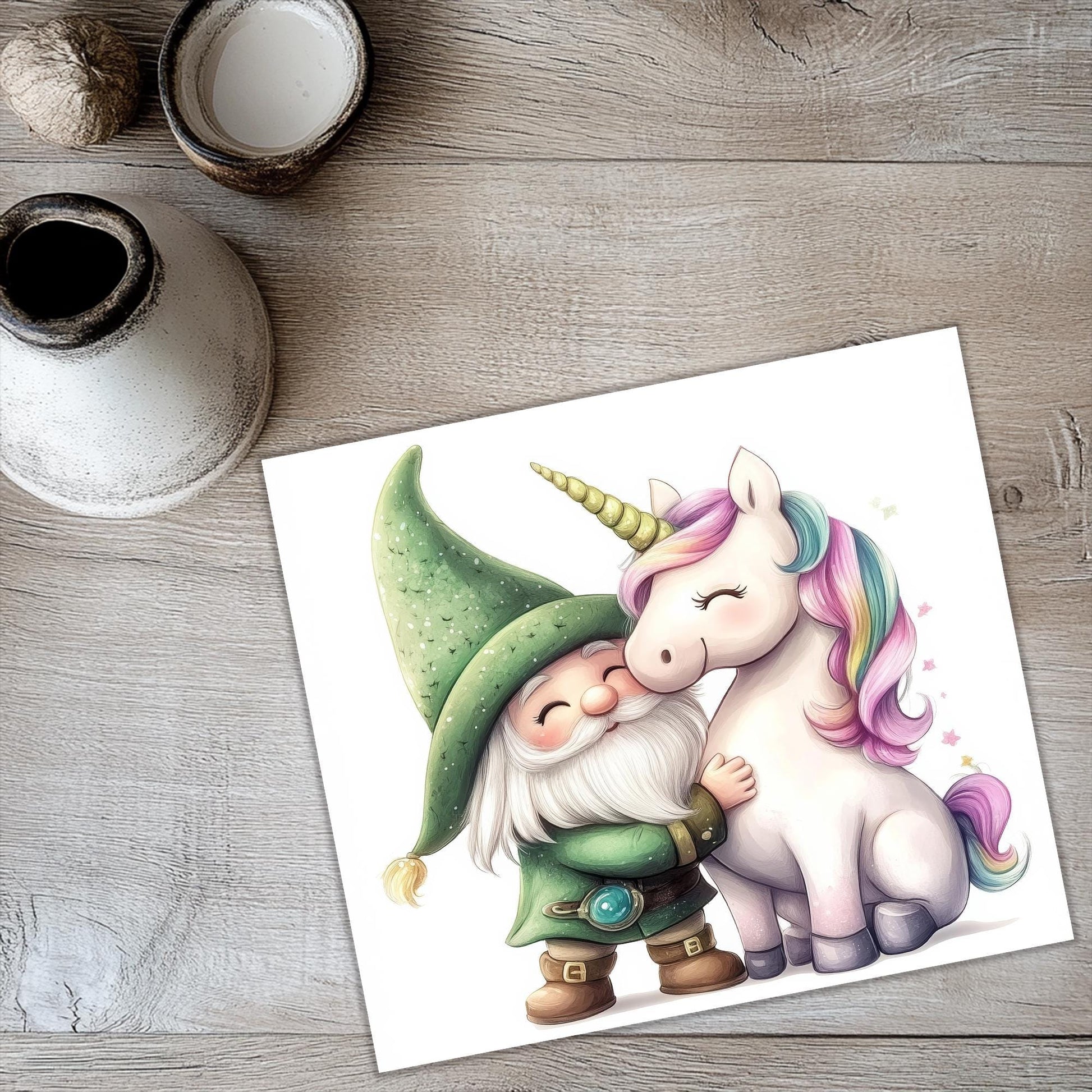 a card with a picture of a gnome and a unicorn